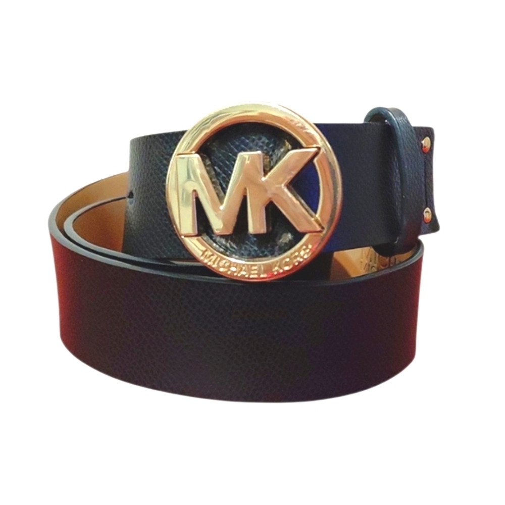 Michael Kors Black Leather Belt with Gold MK Buckle